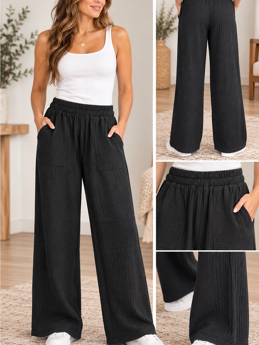 Zenana Outfitters Black Wide-Leg Gauze Lounge Pants